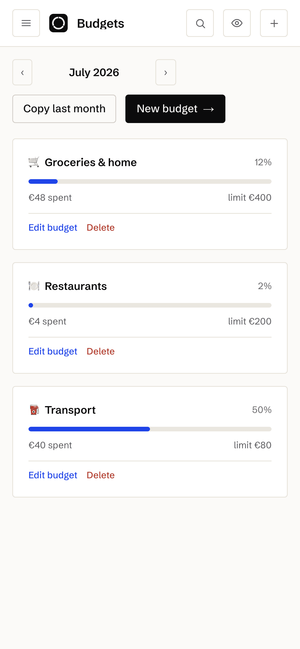 Orla budgets: three category budgets with spent-against-limit bars for the month