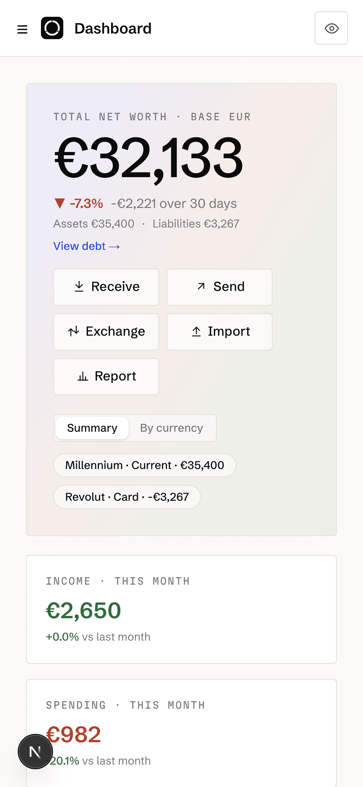 Orla dashboard: net worth in the base currency, assets and liabilities, and the month's income and spending