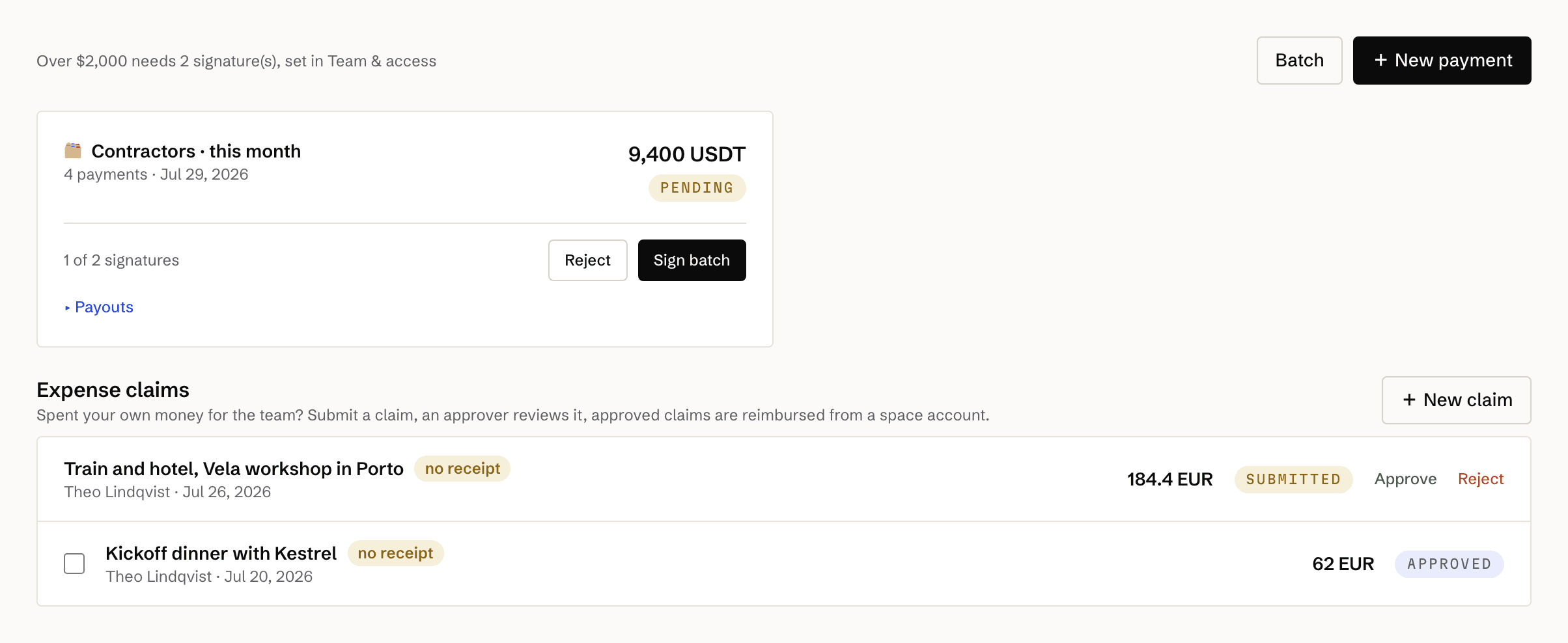 The Payments page: a pending payout batch of 9,400 USDT with 1 of 2 signatures, and two expense claims below it