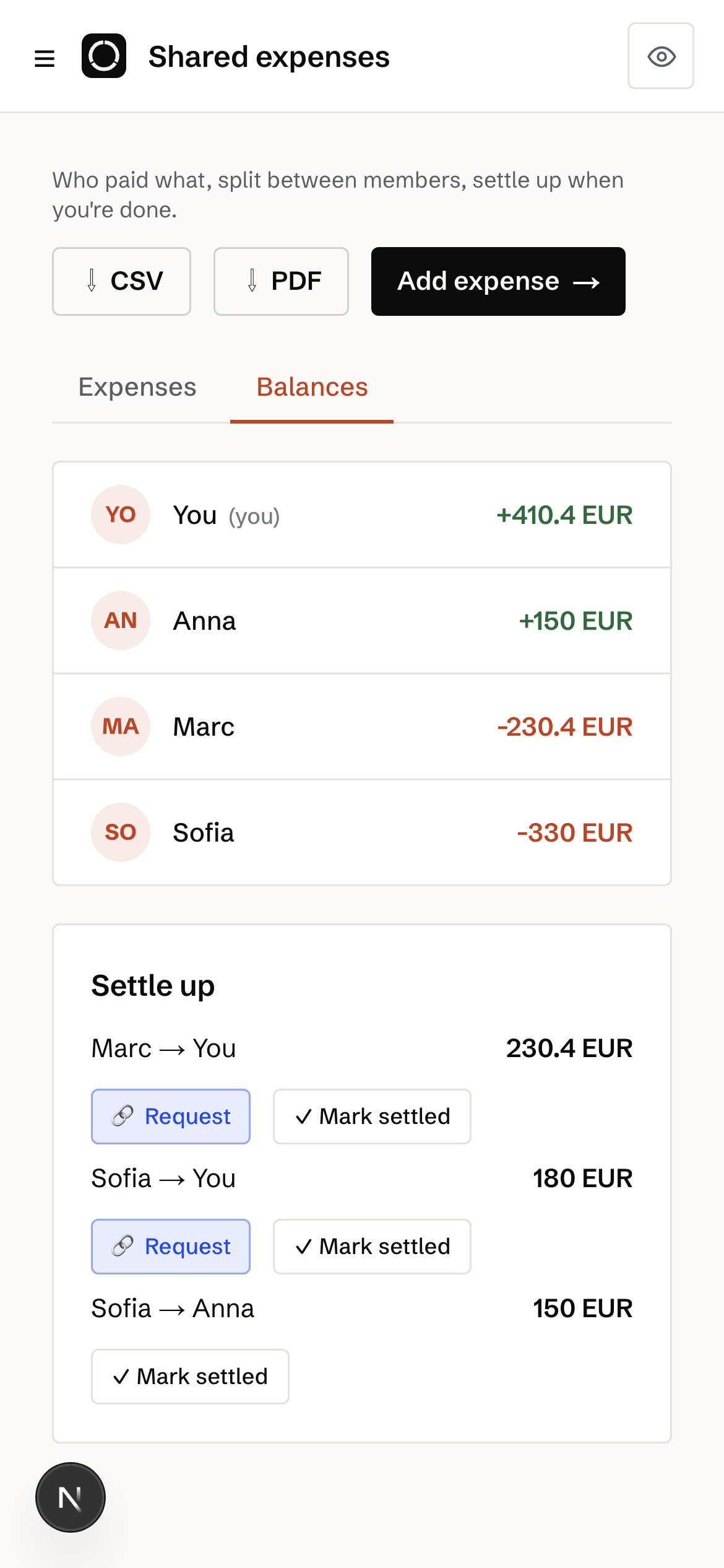 Orla shared space: balances between four members and the three payments that settle them
