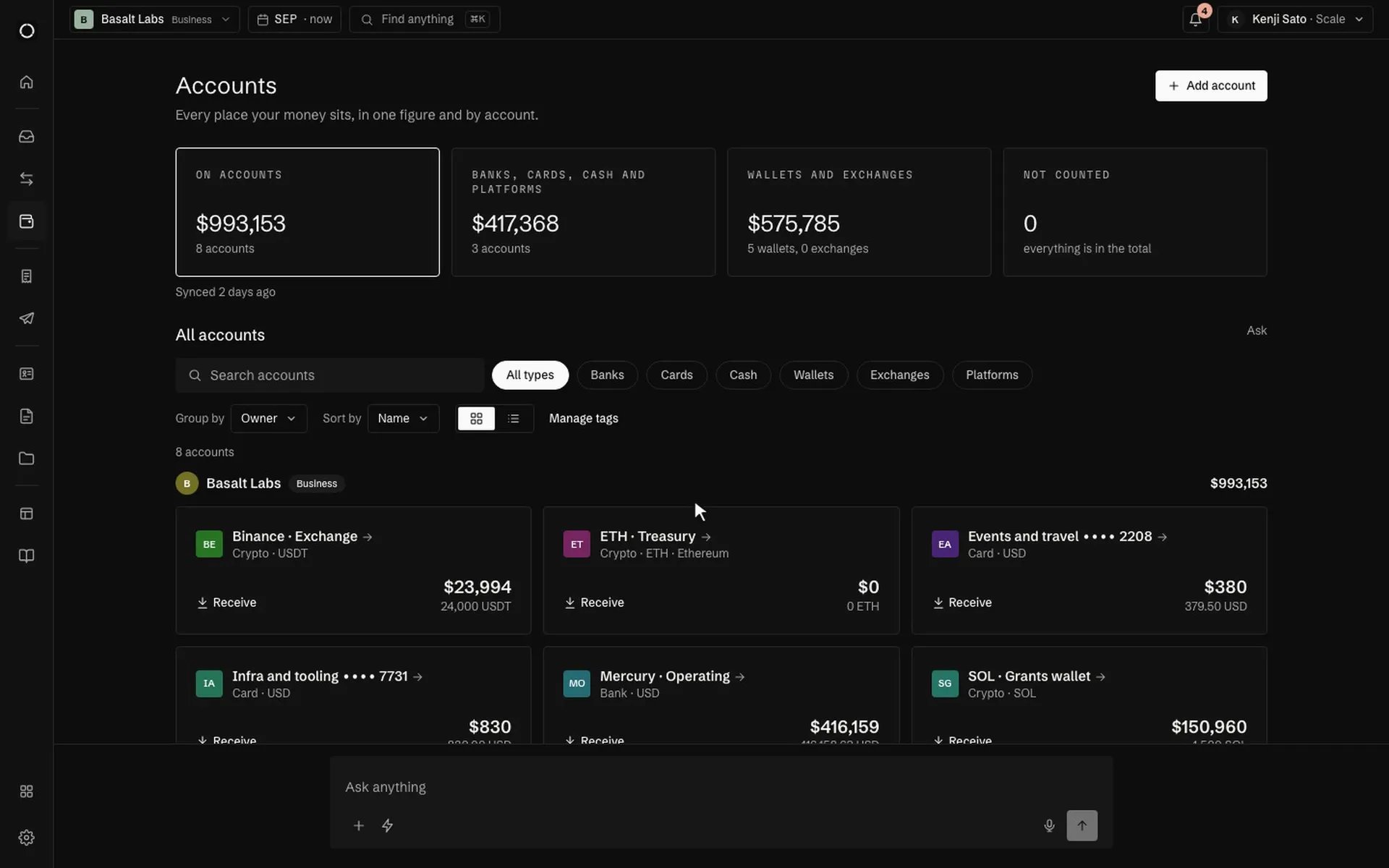 Accounts with the USDC treasury on Base opened: its balance history, the wallet's rows, Receive and Transfer to another space.