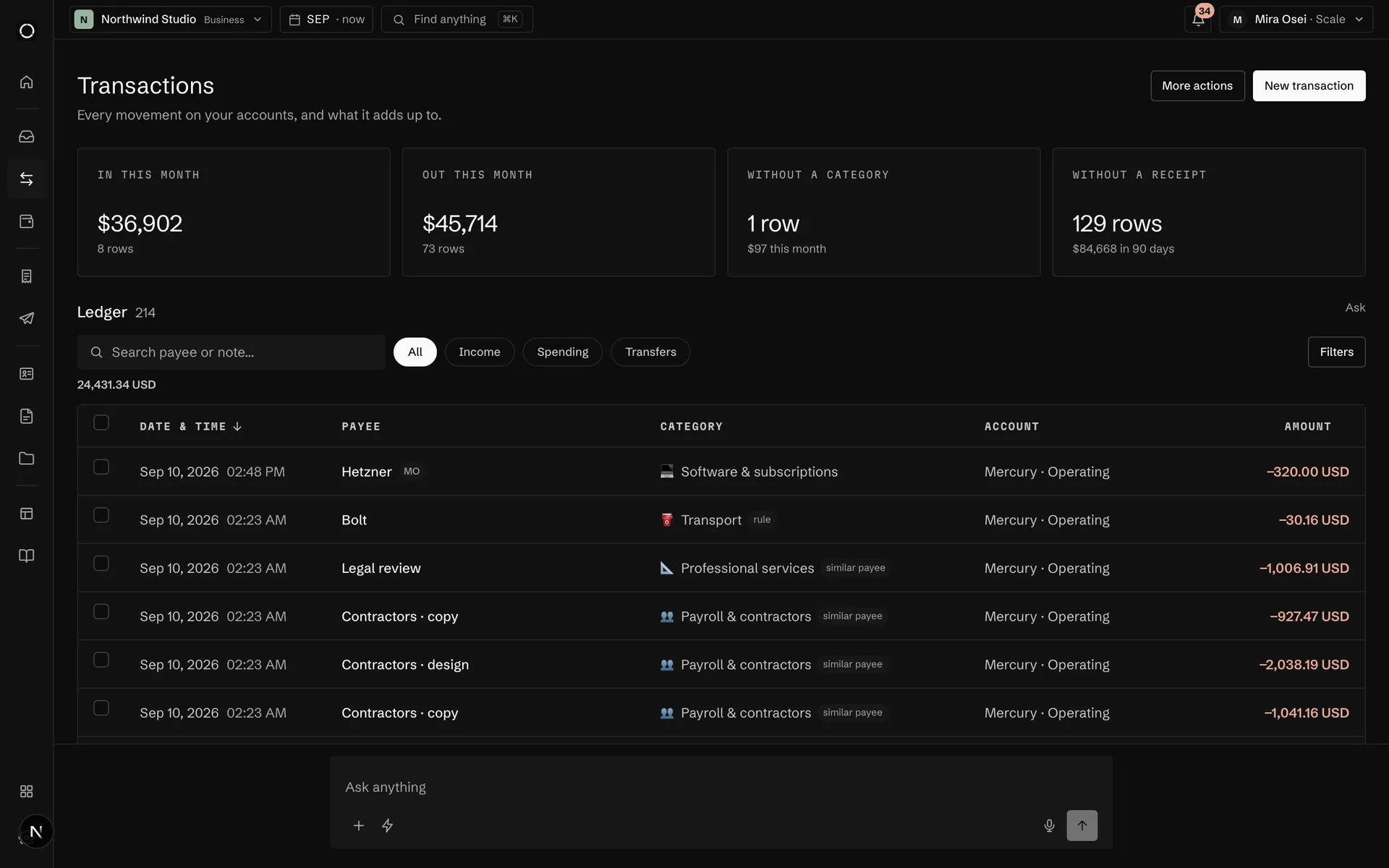 The transactions list with its filter cards and categories.