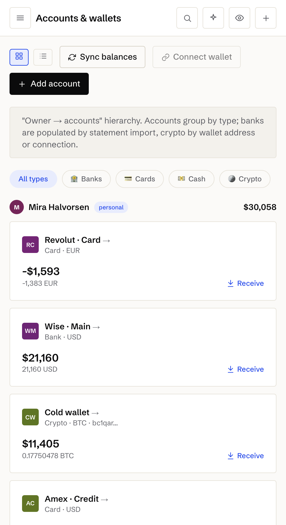 Accounts and wallets with balances