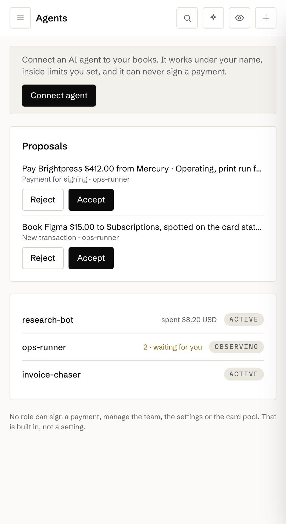 The Agents page: connected agents with monthly spend and a proposal waiting for approval