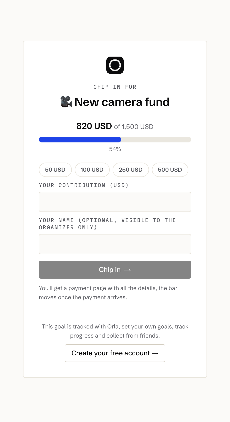 Public chip-in page for a collection