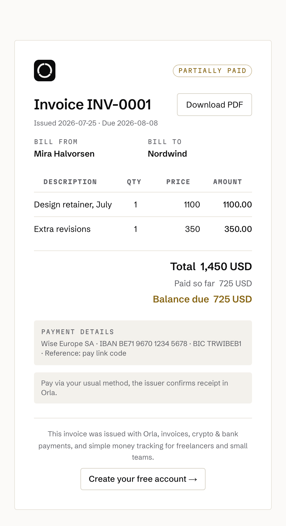The public invoice page a client opens