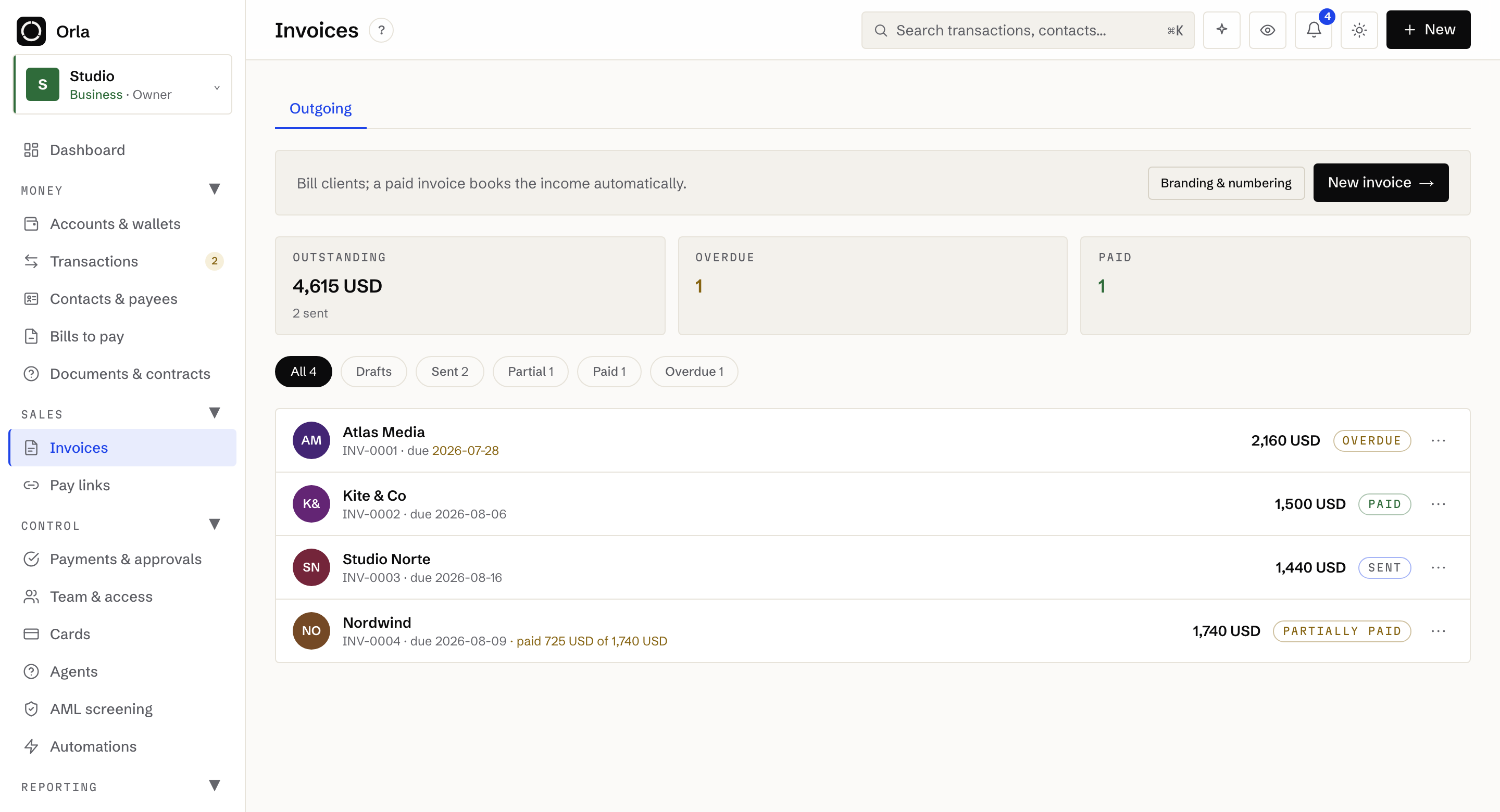 Invoices with statuses and totals
