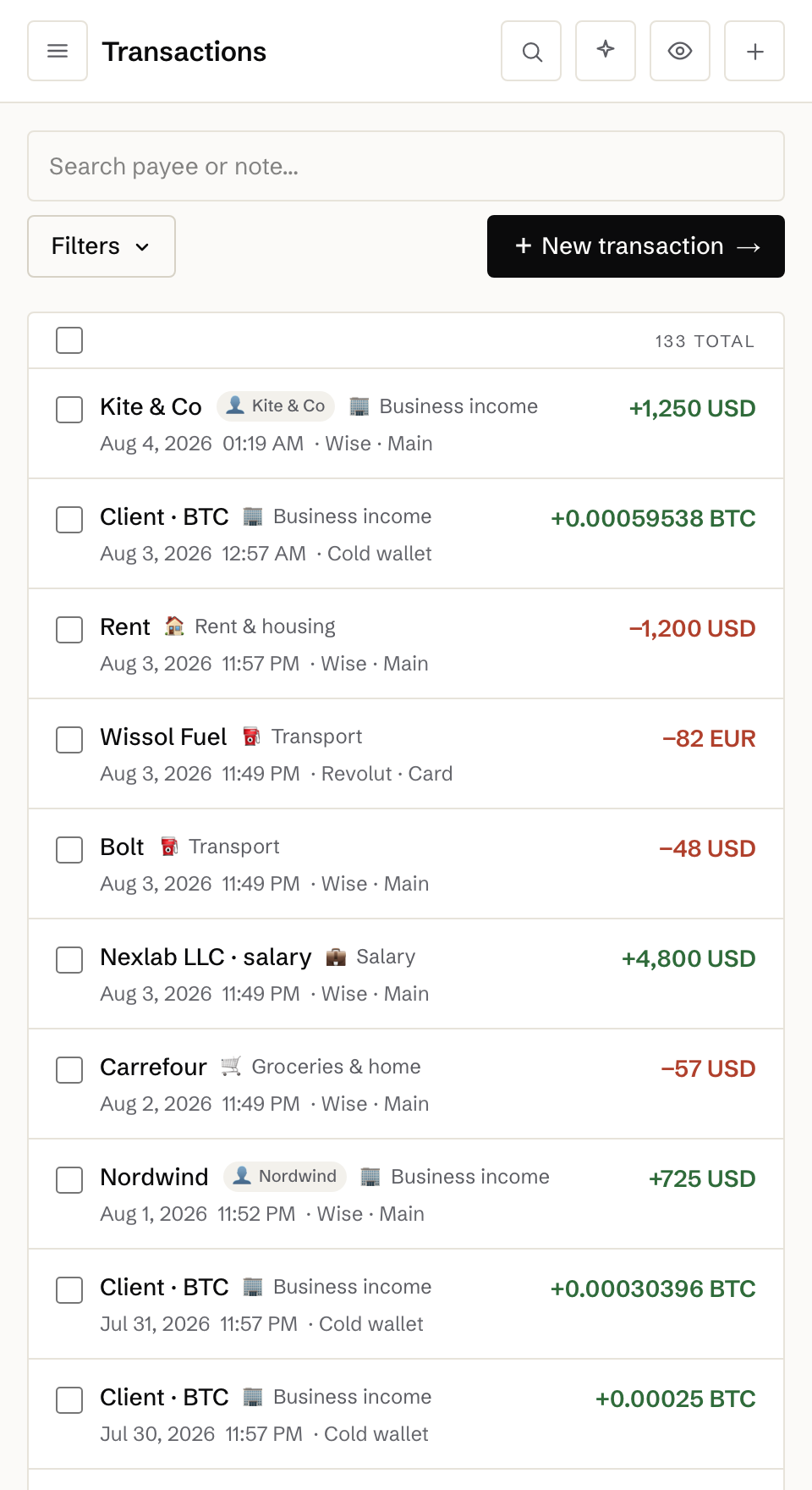 Transactions with categories