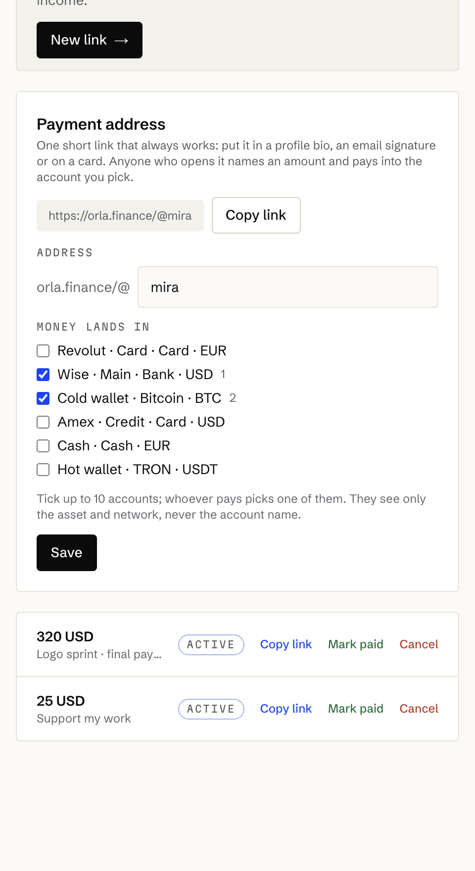 Payment address with the accounts money lands in