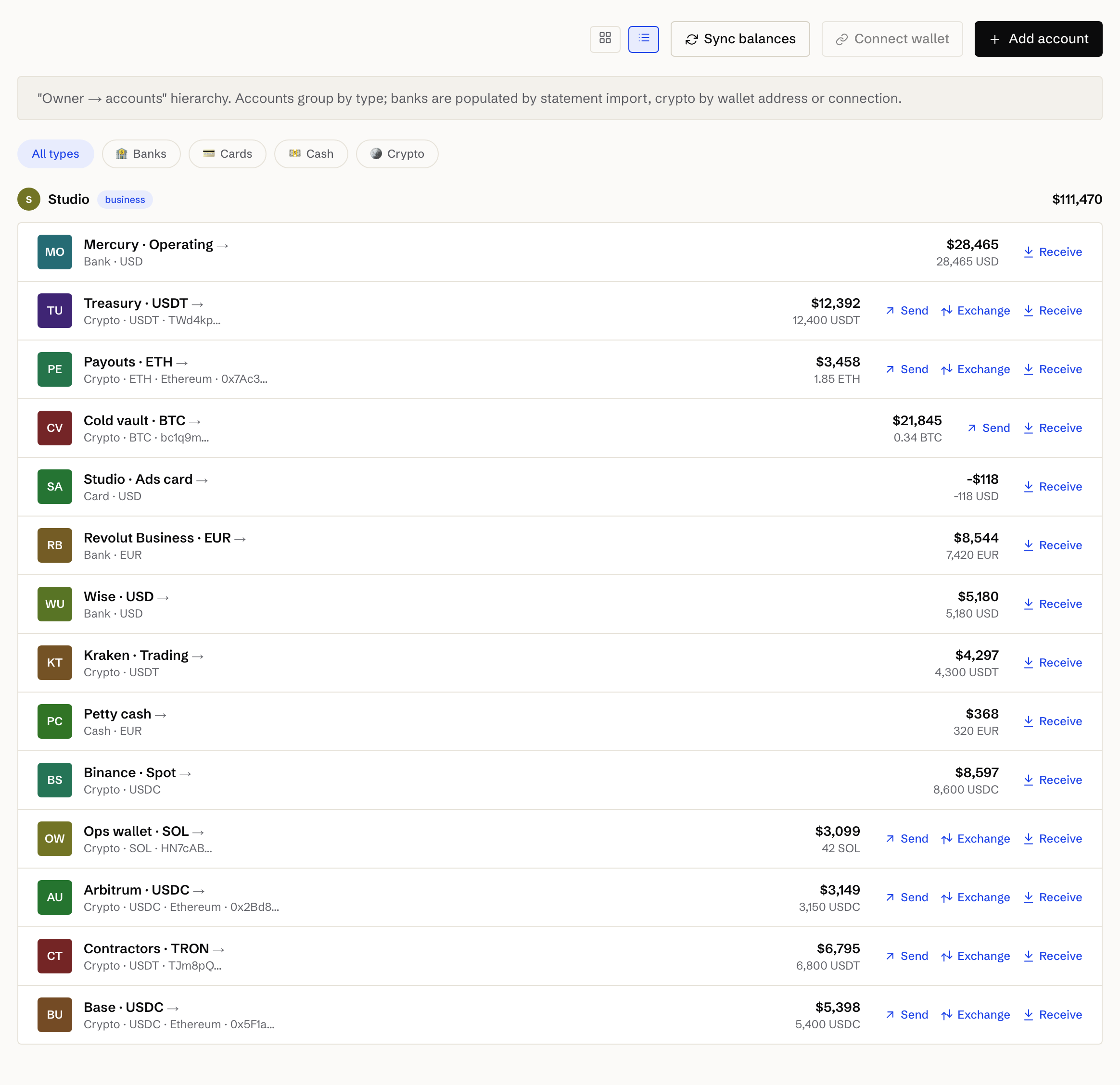 Accounts list with send and swap actions